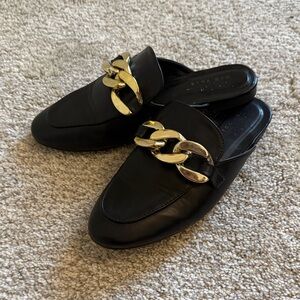 Nicole Miller Black Mules with Gold Chain Accent